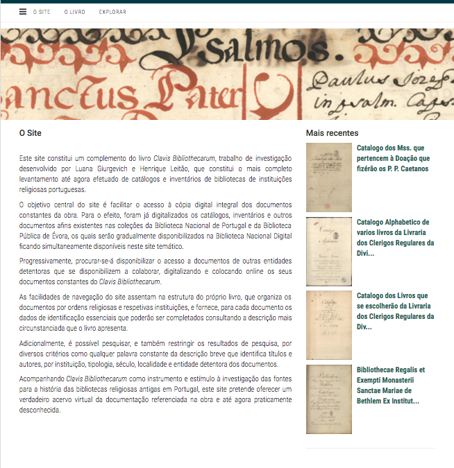 Site "Clavis Bibliothecarum: Catálogos e Inventários de Livrarias de Instituições Religiosas em Portugal até 1834"